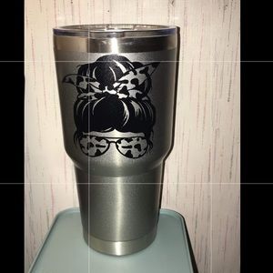 30oz stainless steel tumbler with cowprint messy bun decal